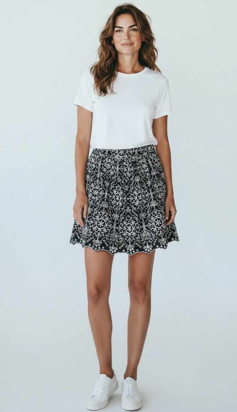 B0 NWT SEZANE Black & Ecru Embroidery Floral Scalloped Hem Mini Skirt Size 34/2